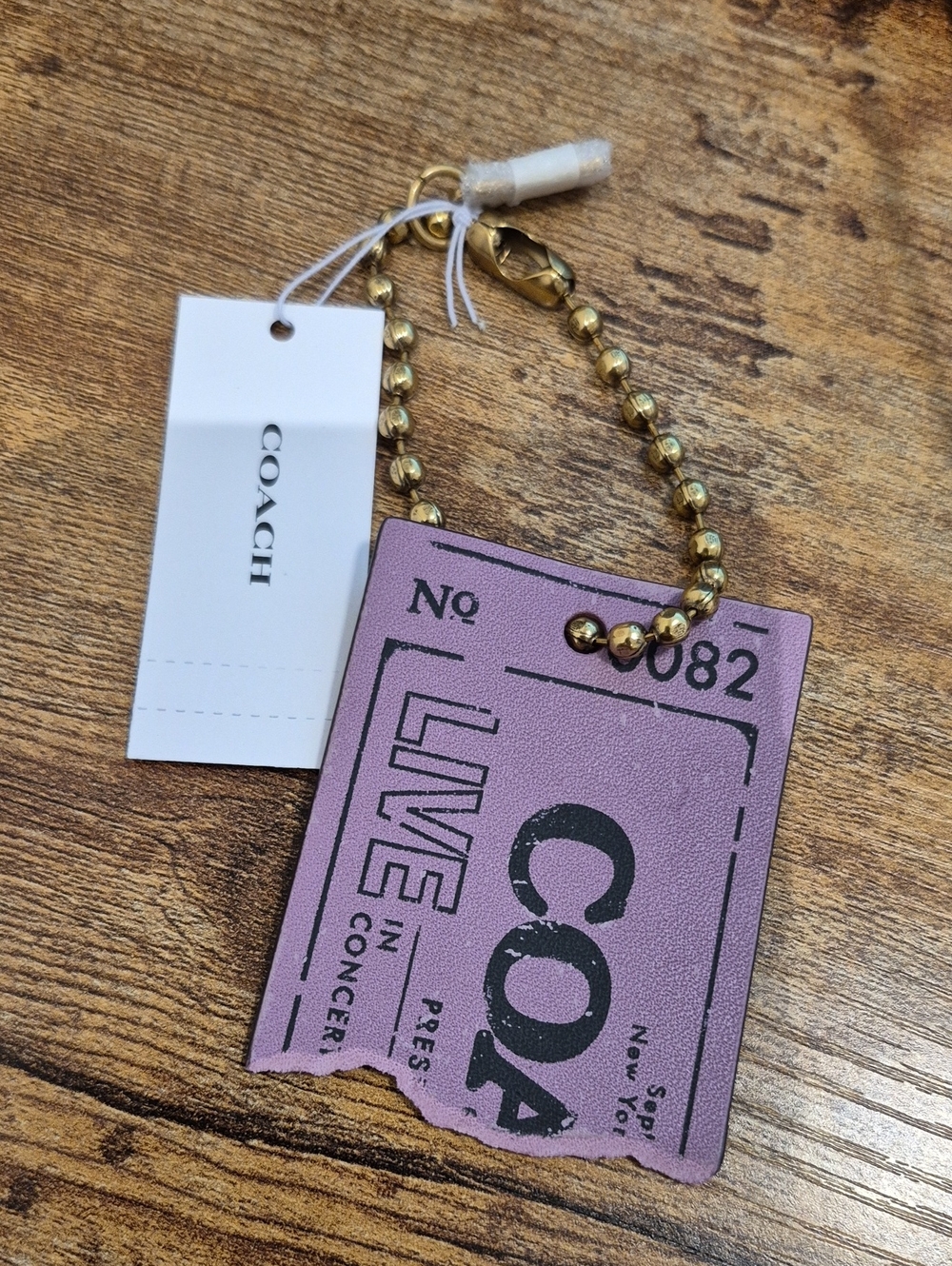 COACH Lavender Ticket Charm with Gold Bead Chain